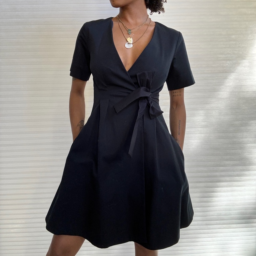 COS Navy Blue Textured Wrap Dress | Short Sleeve Minimalist A-Line - Picture 5 of 16